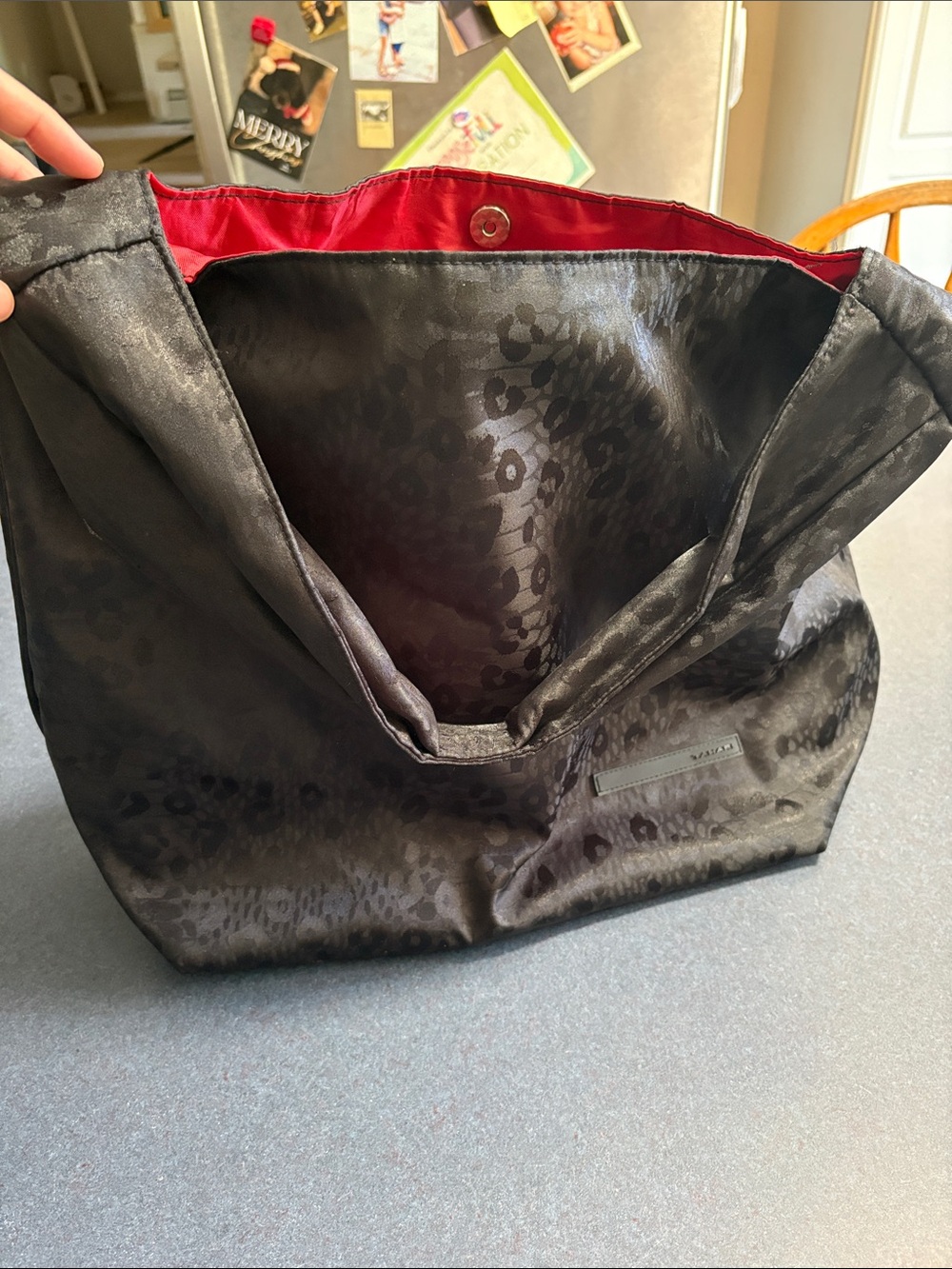 Tahari Black Satin Leopard-Print Shoulder Bag with Red Interior